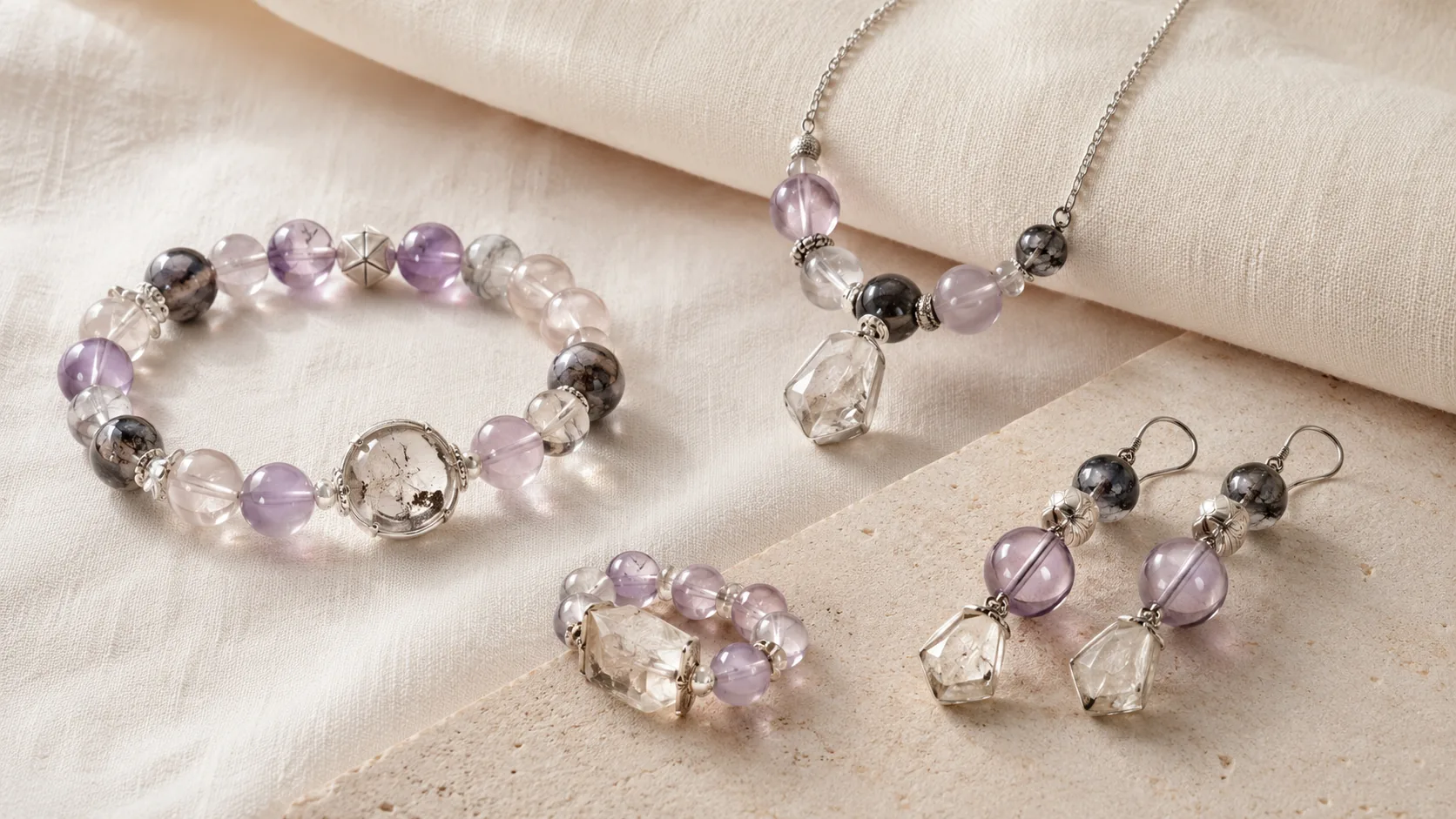 assorted crystal and gemstone materials used in bracelet designs