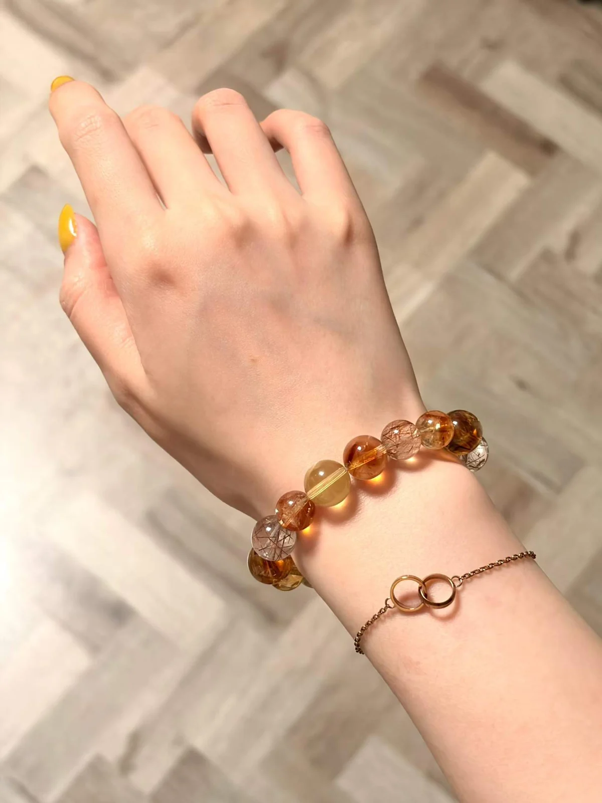 Real warm crystal bracelet worn on wrist